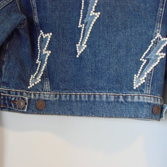 Sandro Denim Jean Jacket Pearl Embellished Lightning Bolt Size 42 FR or 10 - Picture 15 of 16